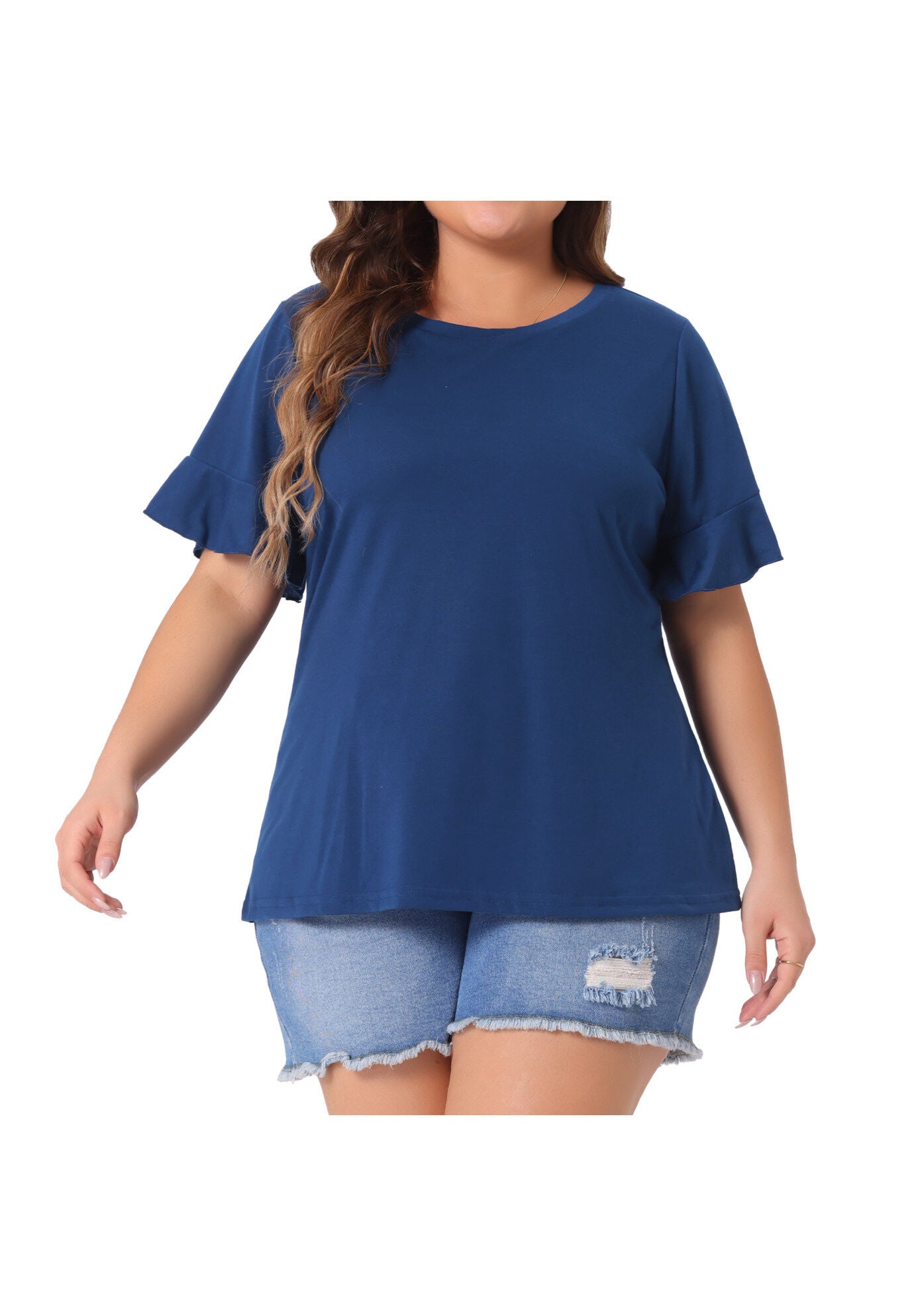 PLAIN CREW NECK RUFFLE SHORT SLEEVE TEE TOP, Dark Blue / Navy, alternate image number 2