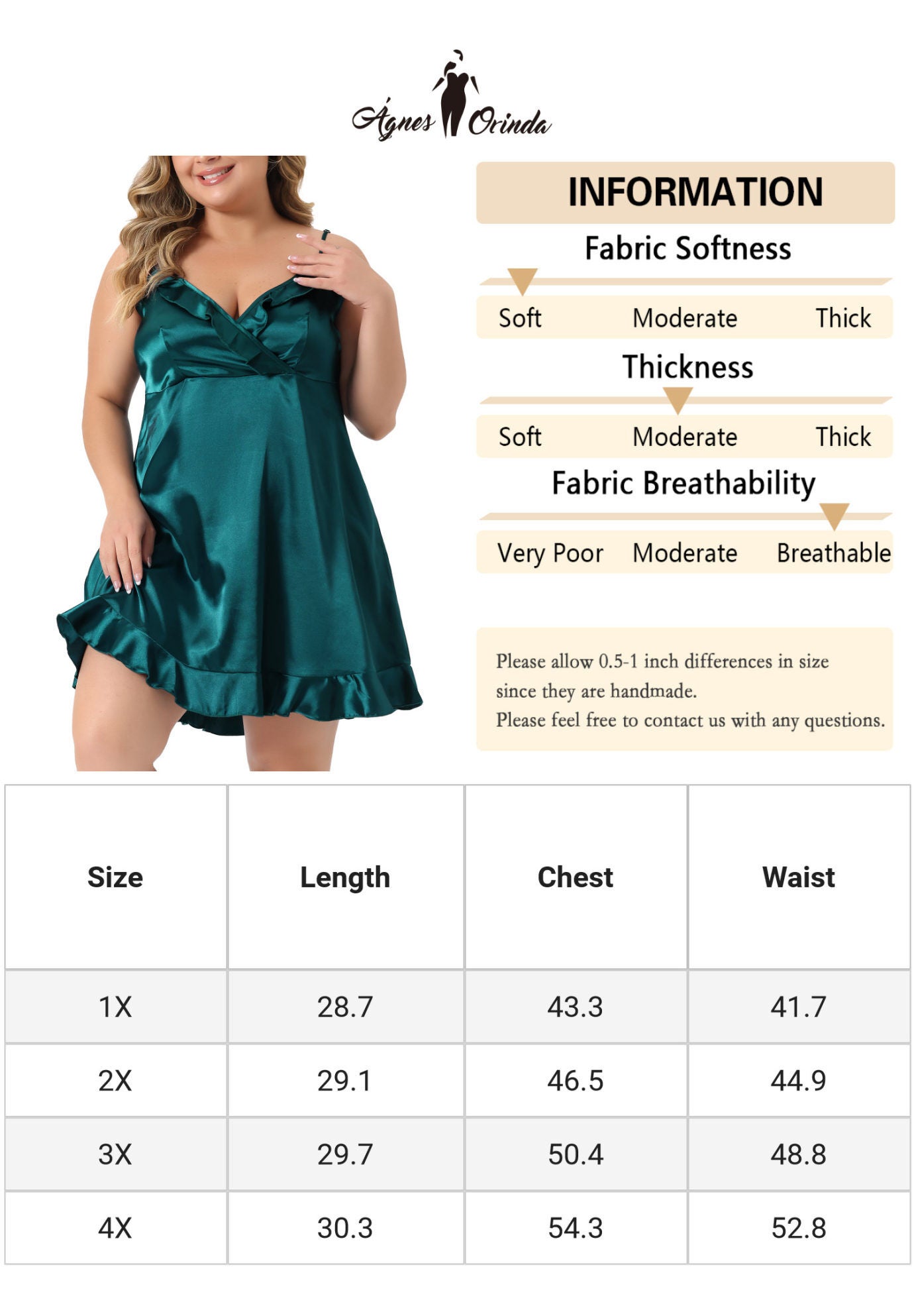 SATIN LINGERIE V-NECK SLEEVELESS RUFFLE TRIM CAMI DRESS NIGHTGOWN, Dark Green / Forest Green, alternate image number 1