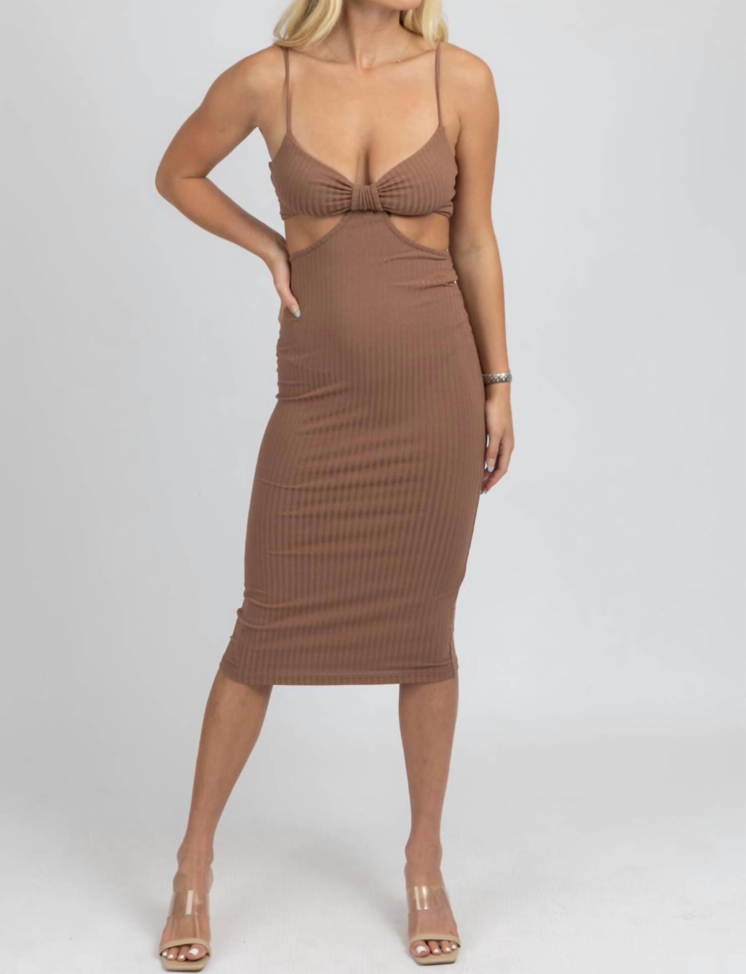 CUTOUT RIBBED MIDI DRESS IN MOCHA, Mocha / Brown, hi-res image number 0