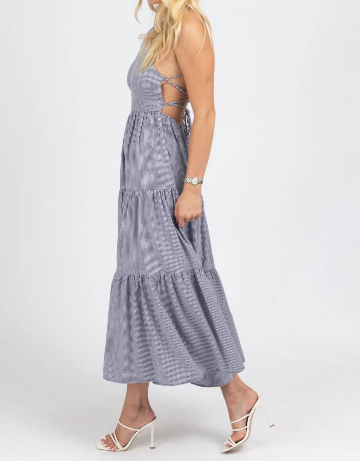 GINGHAM TIERED OPEN BACK MAXI DRESS IN NAVY, , alternate image number 8