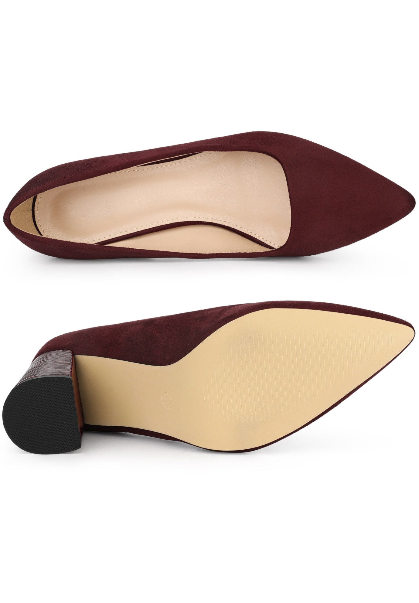 Pointy Toe Slip on Plaid Chunky Heel Dress Pumps, Burgundy / Burgundy, alternate image number 3