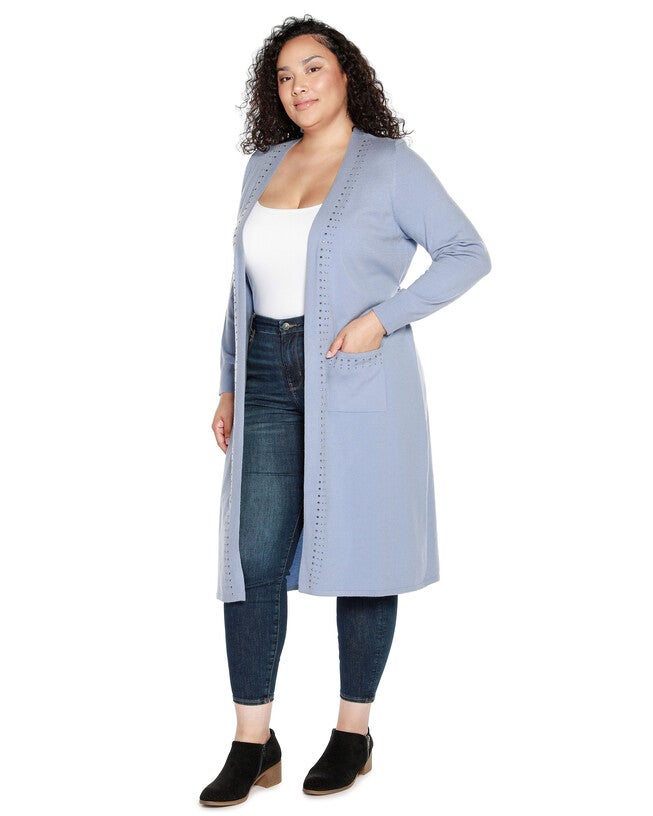 RHINESTONE-TRIM BELTED DUSTER CARDIGAN, Chambray / Dusty Blue, alternate image number 2