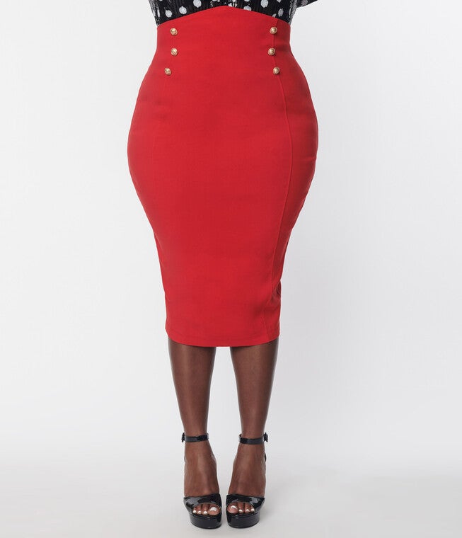 Unique Vintage 1950s Red Sailor High Waist Sierra Pencil Skirt, Red / Red, alternate image number 1