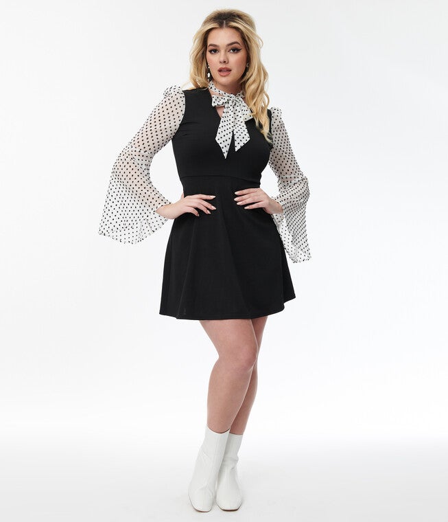 Smak Parlour Black & White Polka Dot Bell Sleeve Flare Dress, Black White / Black, hi-res image number 0
