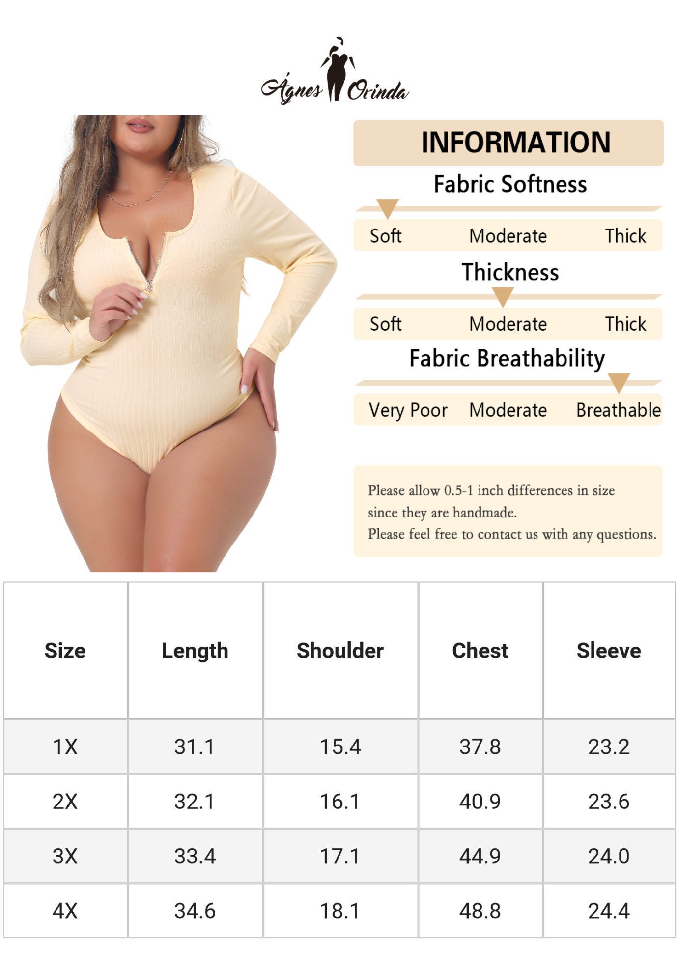 Ribbed Knit Zipper Deep V Neck Long Sleeve Top Bodysuit, Beige / Beige, alternate image number 4