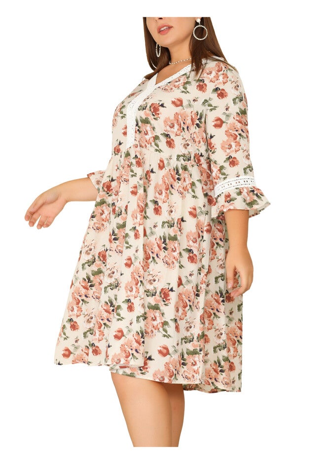 Vintage Lace Floral Ruffle V Neck 3/4 Sleeve Midi Babydoll Dress, Pink / Pink, alternate image number 1