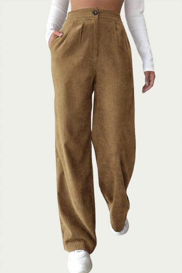 HIGH-WAIST PLEATED CORDUROY PANT IN CAMEL, Camel / Brown, hi-res image number 0