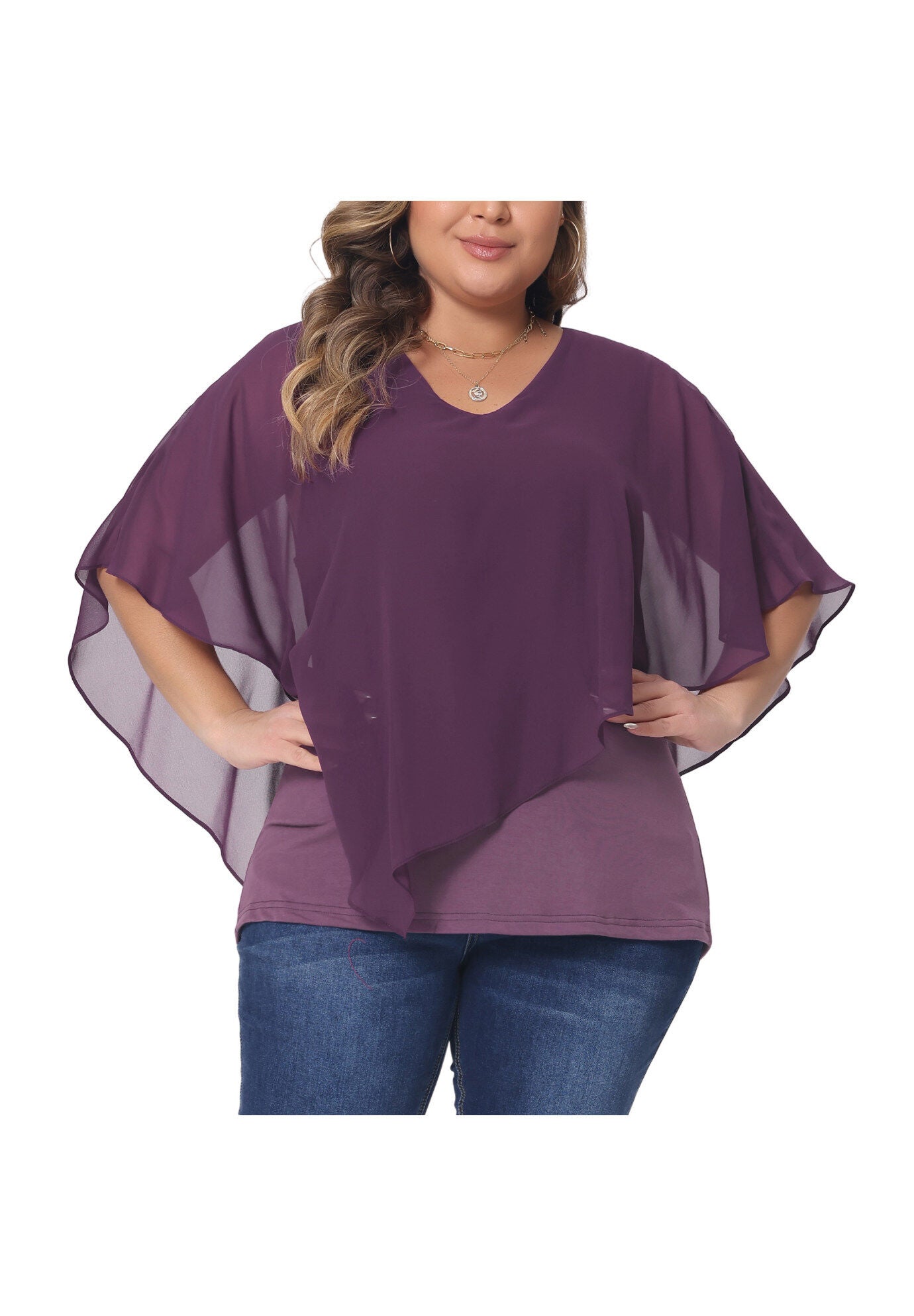 V Neck Flowy Shirt Double Layered Chiffon Top, Purple / Purple, alternate image number 2