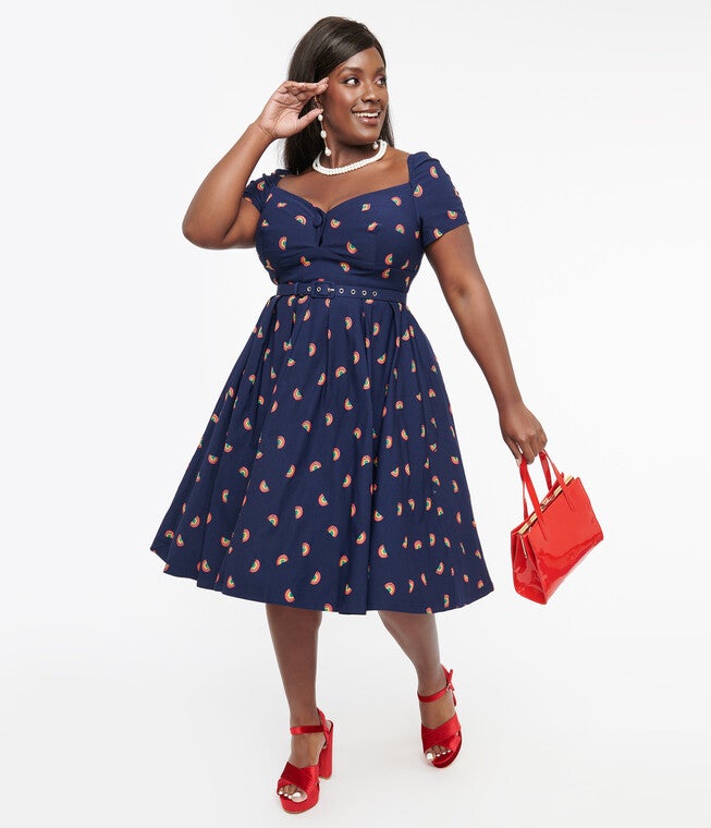 Unique Vintage 1950s Navy & Rainbow Stamp Midge Swing Dress, Navy  Rainbow / Navy, hi-res image number 0