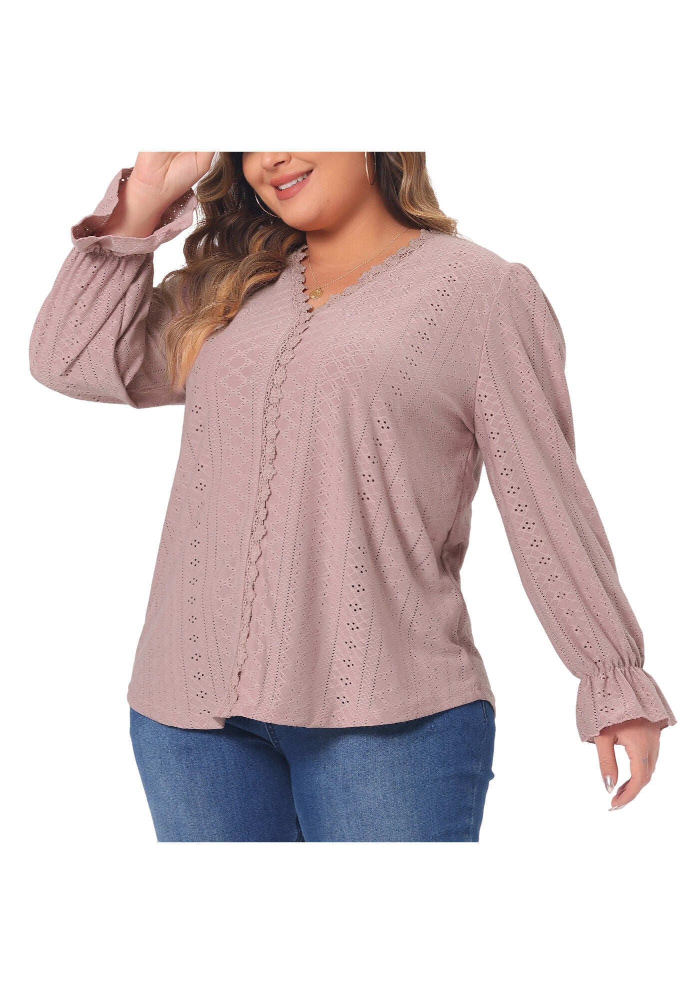 V Neck Ruffle Eyelet Lace Crochet Hollow Blouse, Pink / Pink, alternate image number 4