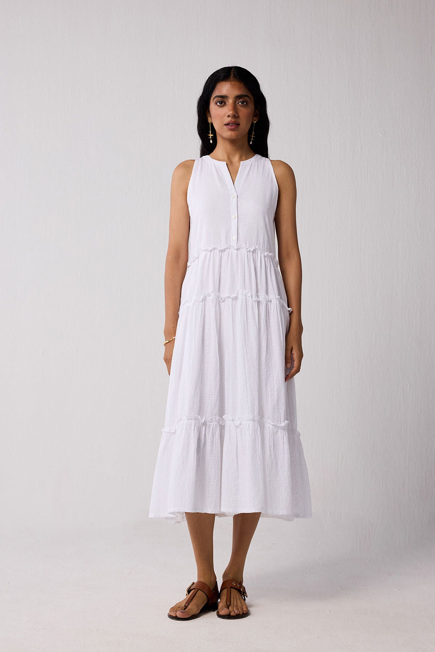 Embroidered Sleeveless Maxi Dress in White, Textured Eyelet in White / White, hi-res image number 0