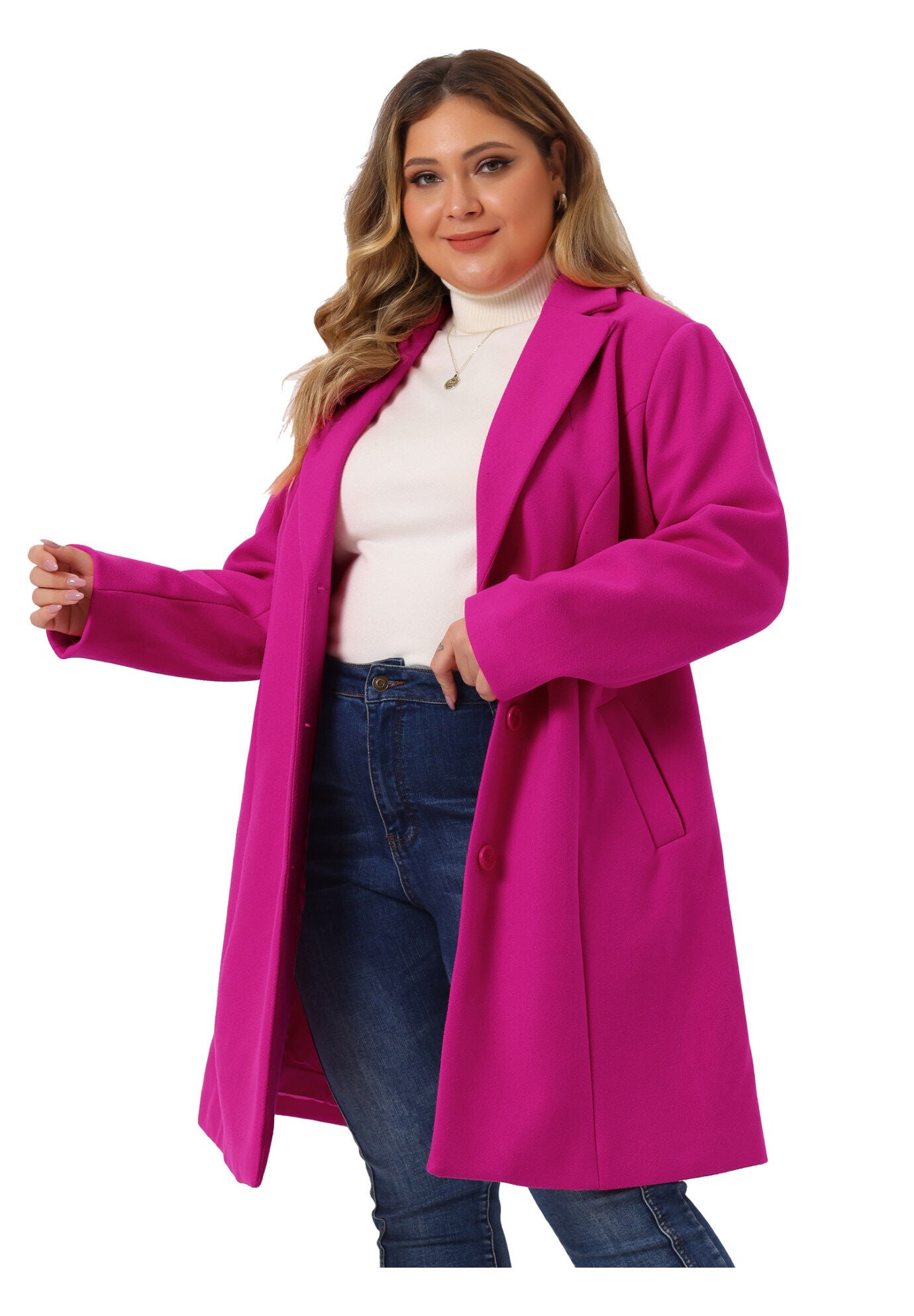 SINGLE BREASTED NOTCHED LAPEL LONG WINTER COAT, Hot Pink / Pink, alternate image number 2