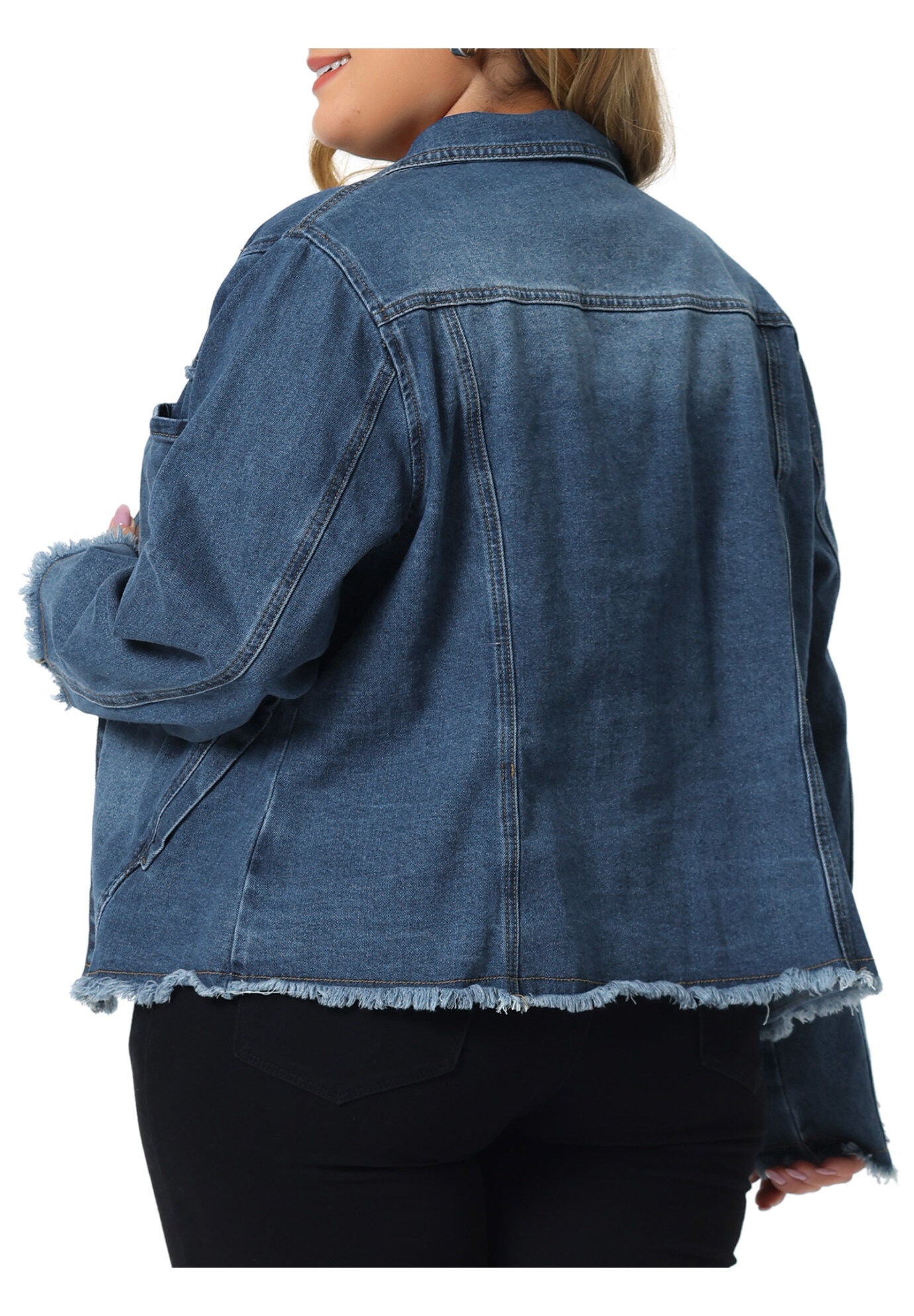 FRAYED HEM CLASSIC WASHED DENIM JEAN JACKET, Blue / Chambray Denim Medium, alternate image number 3