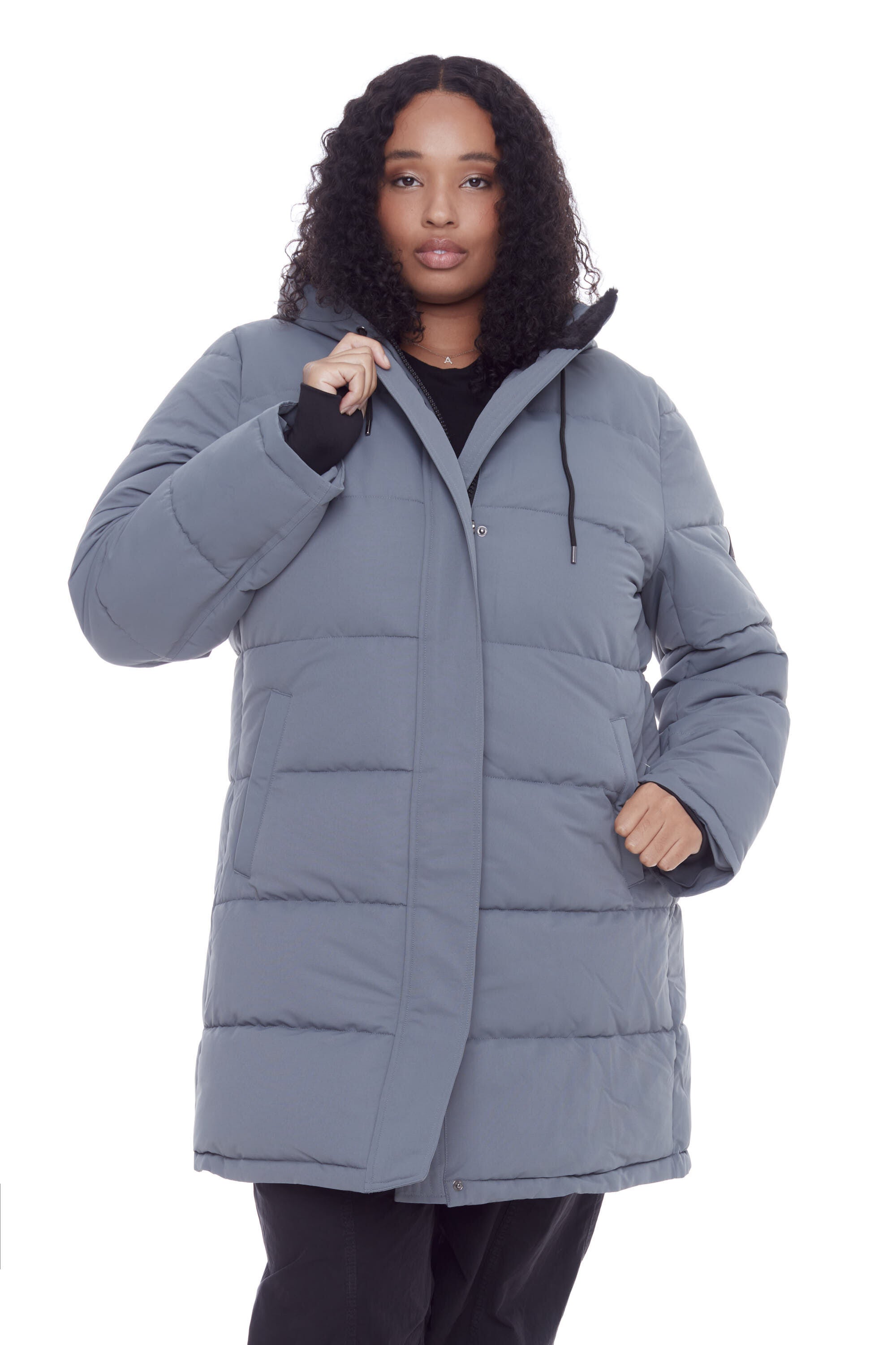 Women&#39;s Plus Size - AULAVIK | Vegan Down Recycled Mid-Length Hooded Parka Coat, Slate / Cool Gray, alternate image number 1