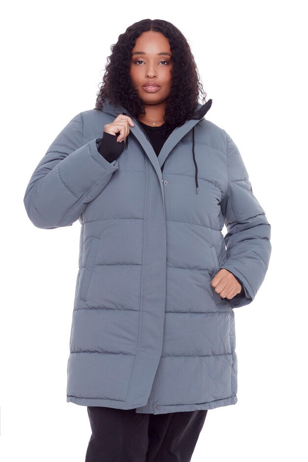 Women's Plus Size - AULAVIK | Vegan Down Recycled Mid-Length Hooded Parka Coat, Slate / Cool Gray, alternate image number 1
