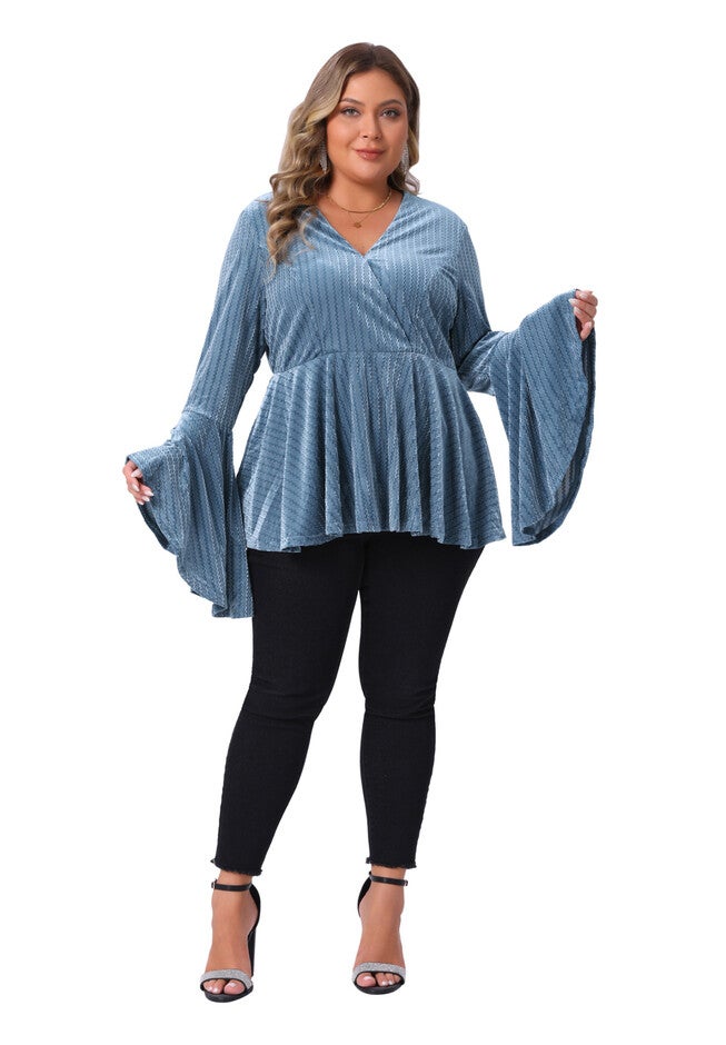 Velvet Faux Wrap Bell Sleeve Peplum Velvet Blouses, Blue / Dusty Blue, hi-res image number 0