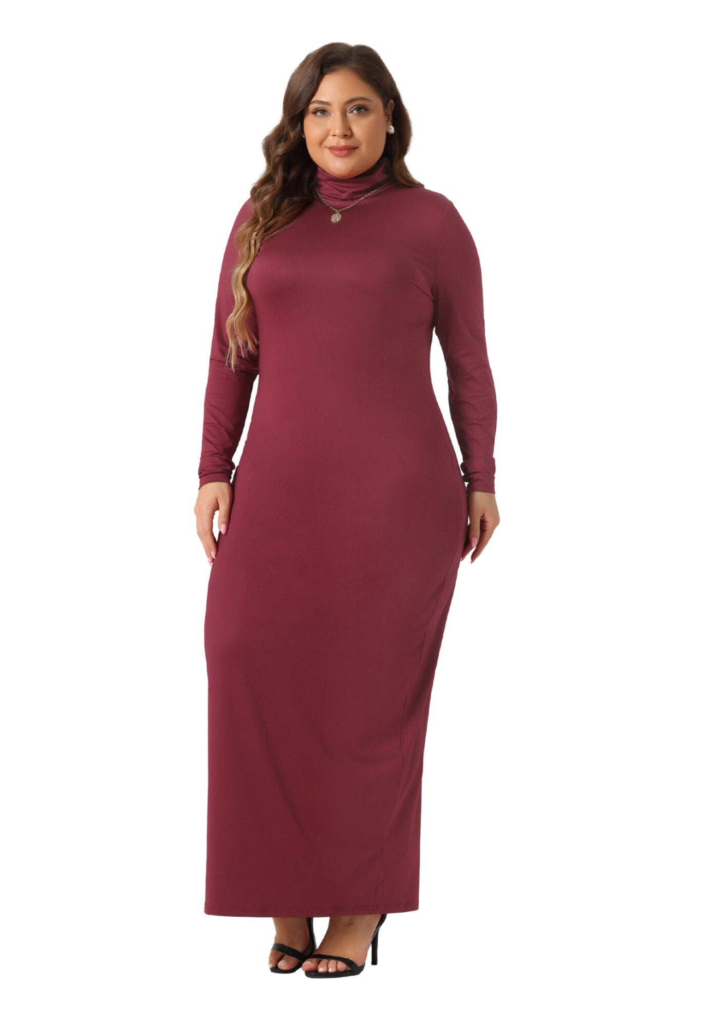 Turtleneck Long Sleeve Bodycon Long Maxi Pencil Dress, Burgundy / Burgundy, hi-res image number 0