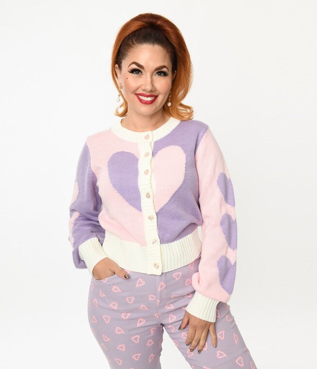 Smak Parlour Pink & Lavender Hearts Cardigan, Pink Lavender Hearts / Pink, alternate image number null