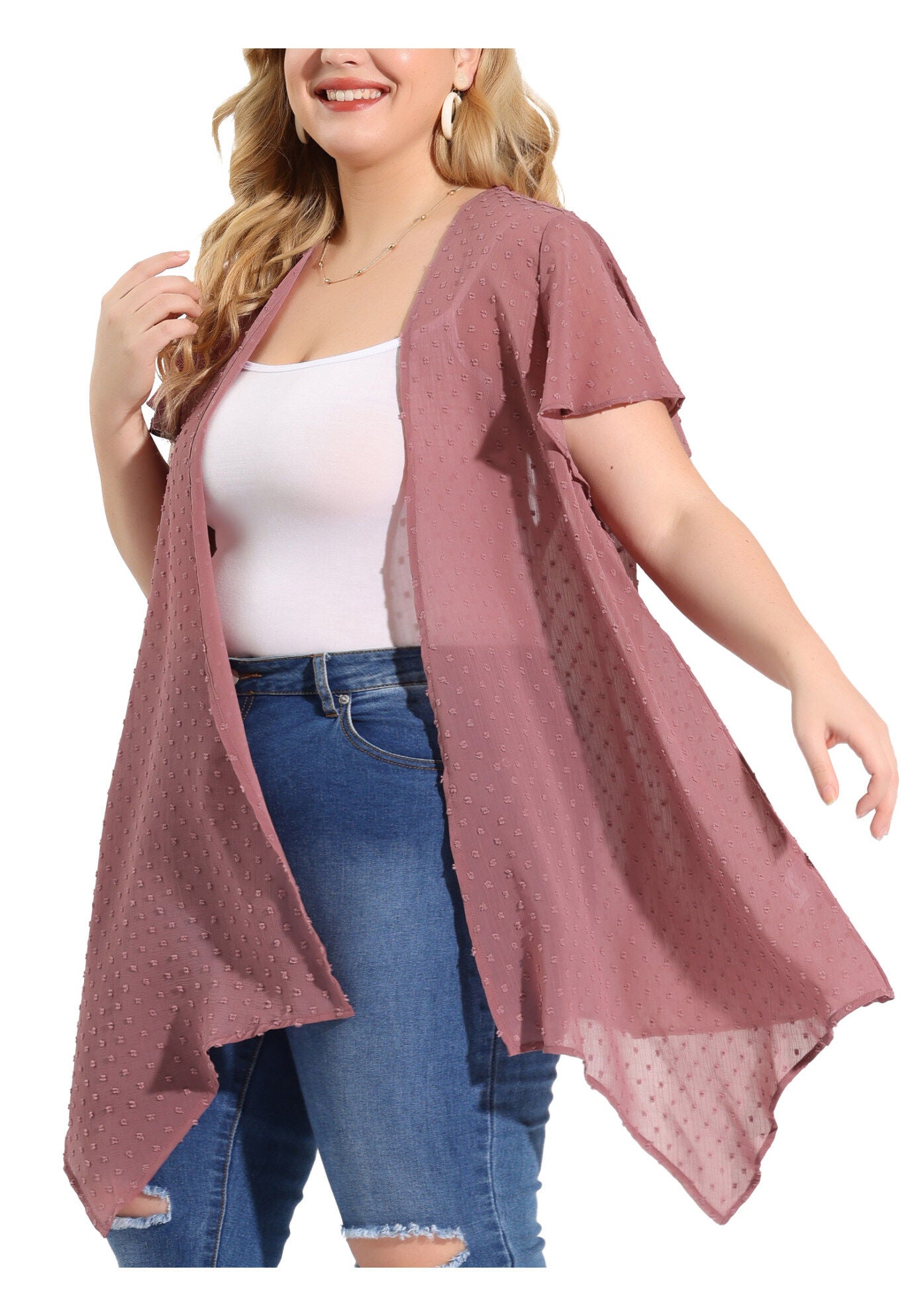 FLARE SLEEVE HIGH LOW SWISS DOTS CARDIGAN, Purple / Purple, alternate image number 1