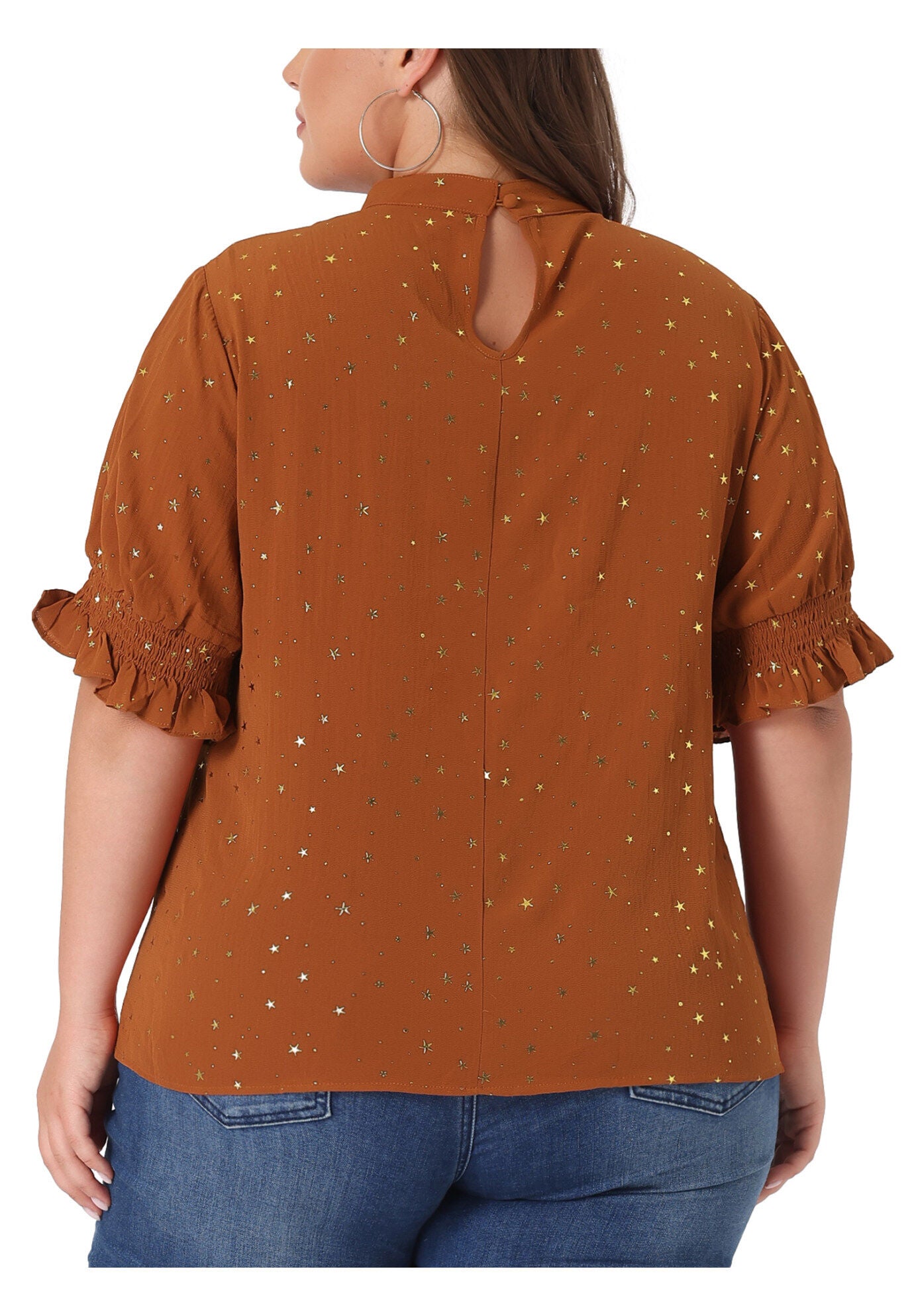 Pleated Mock Neck Star Print Puff Sleeve Blouse Top, Caramel / Brown, alternate image number 3