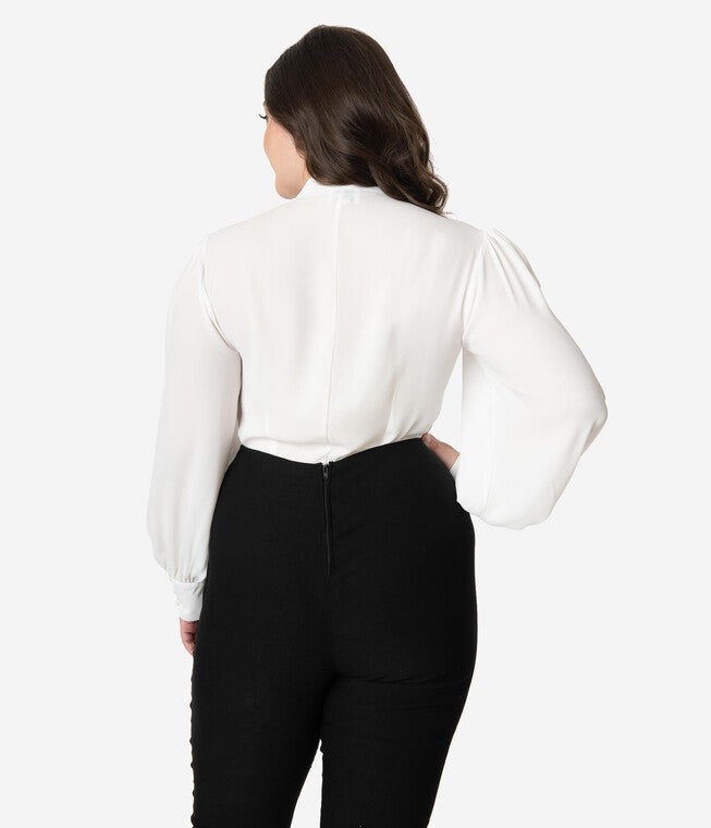 Unique Vintage Plus Size White Neck Tie Gwen Blouse, White / White, alternate image number 3