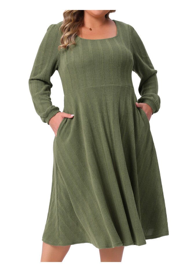 Square Neck A-Line Knit Midi Dresses with Pockets, Army Green / Olive Green, alternate image number 2