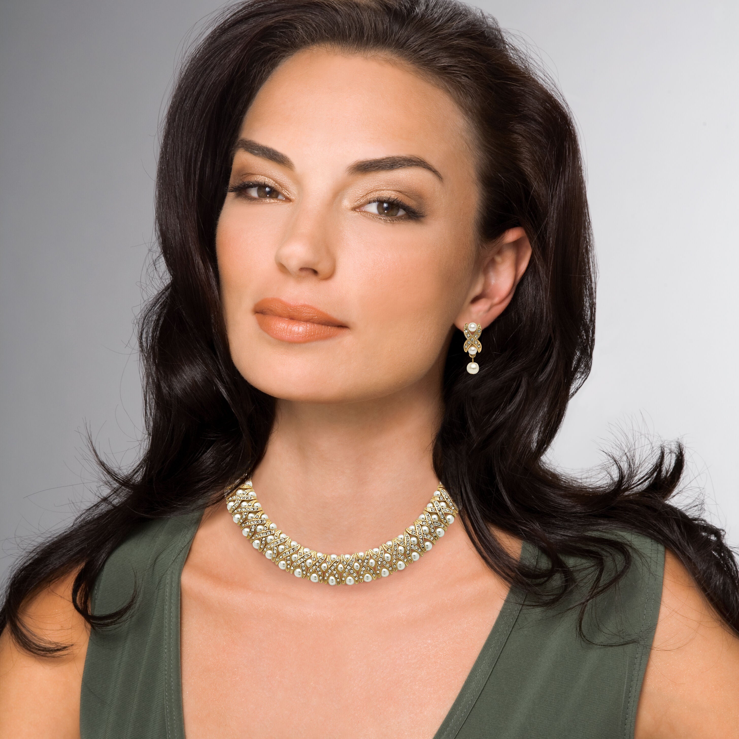 Simulated Pearl and Crystal Three-Piece Jewelry Set in Yellow Goldtone, White / White, alternate image number 2