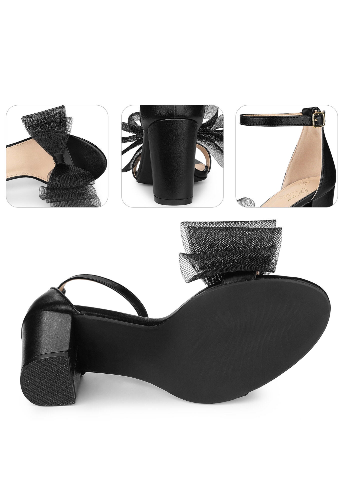 Bow Tie Ankle Strap Chunky High Heels Sandals, Black / Black, alternate image number 2