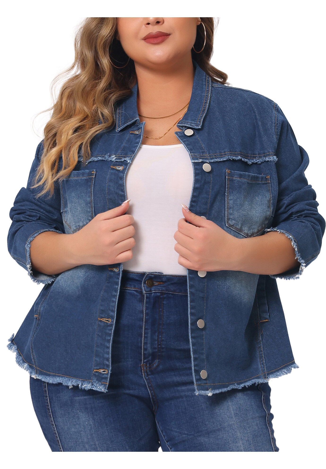 FRAYED HEM CLASSIC WASHED DENIM JEAN JACKET, Dark Blue / Navy, alternate image number 1