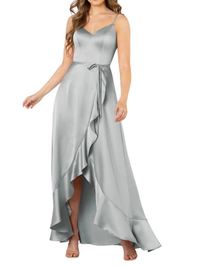 HIGH-LOW SWEETHEART NECKLINE BRIDESMAID DRESS WITH SPAGHETTI STRAPS, Desert Sage / Sage Green, hi-res image number 0