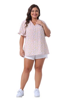 Floral V Neck Ruffle Puff Short Sleeve Blouse