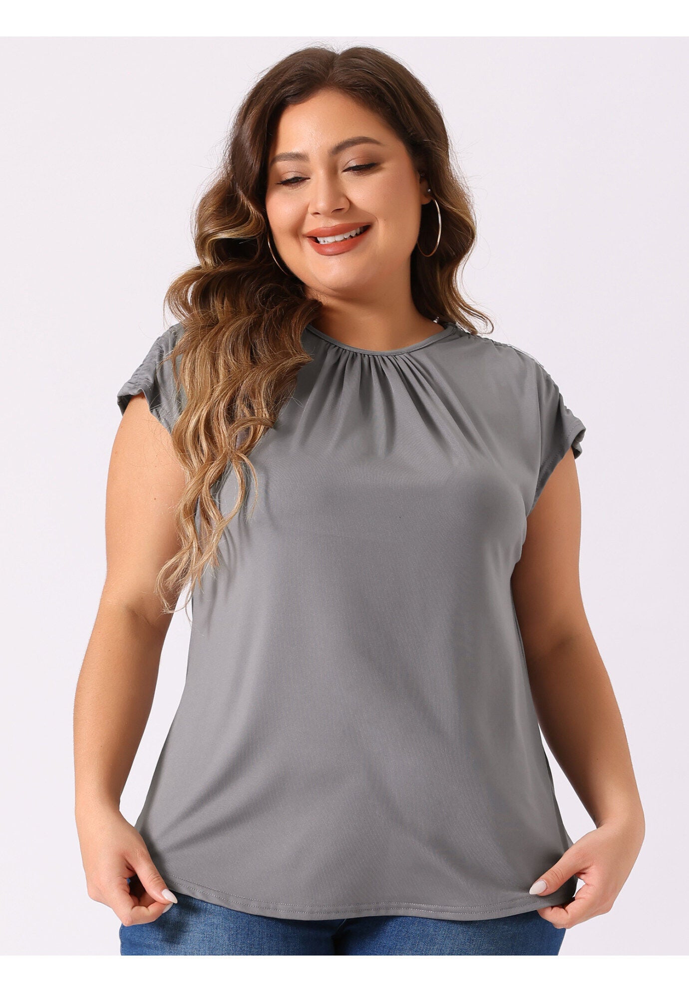 ROUND NECK RUCHED SHORT SLEEVE CASUAL TOP, Gray / Light Grey, alternate image number 1