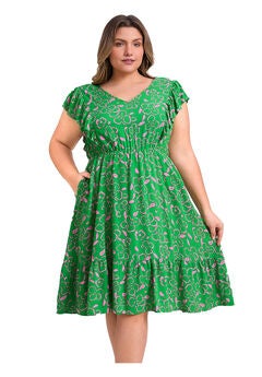 Floral Print V Neck Ruffle Sleeve Elastic Waist Ruffled Hem Knee Length Dress with Pockets