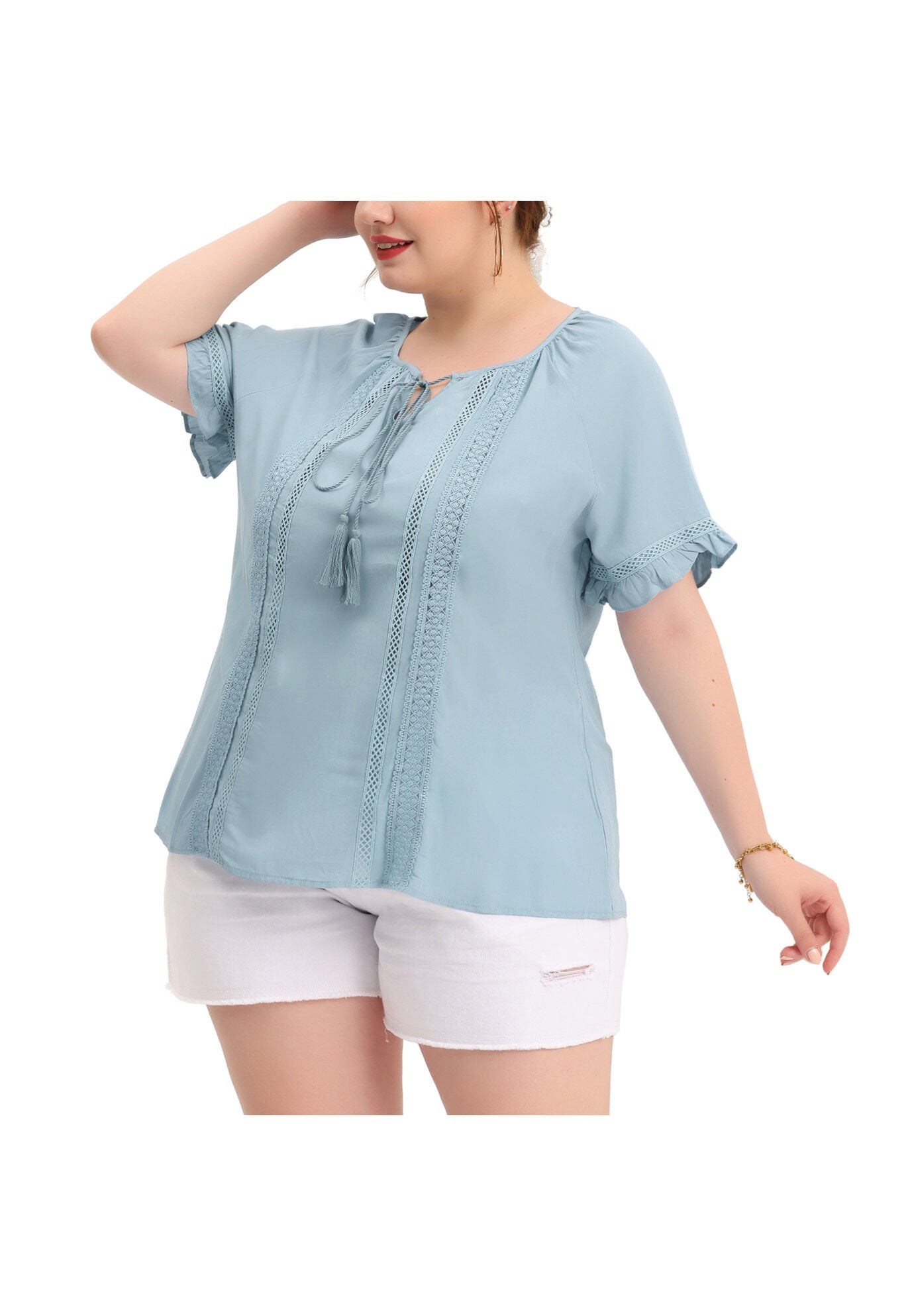 TIE NECK RUFFLE SHORT SLEEVE LACE CROCHET BLOUSE TOP, Blue / Navy, alternate image number 1