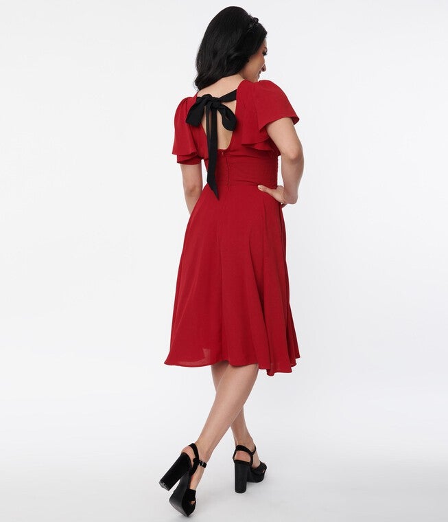 Unique Vintage Burgundy & Black Bat Brooch Swing Dress, Red / Burgundy, alternate image number null