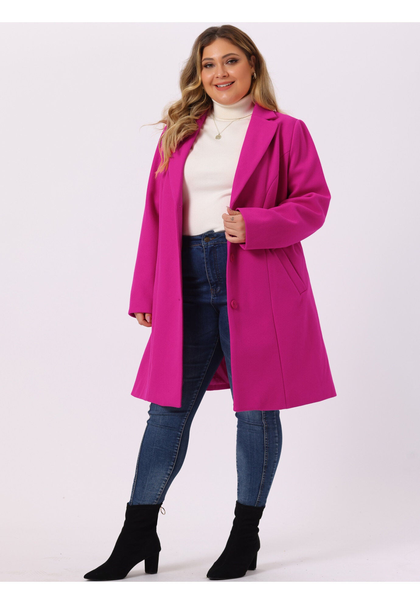 SINGLE BREASTED NOTCHED LAPEL LONG WINTER COAT, Hot Pink / Pink, alternate image number 1