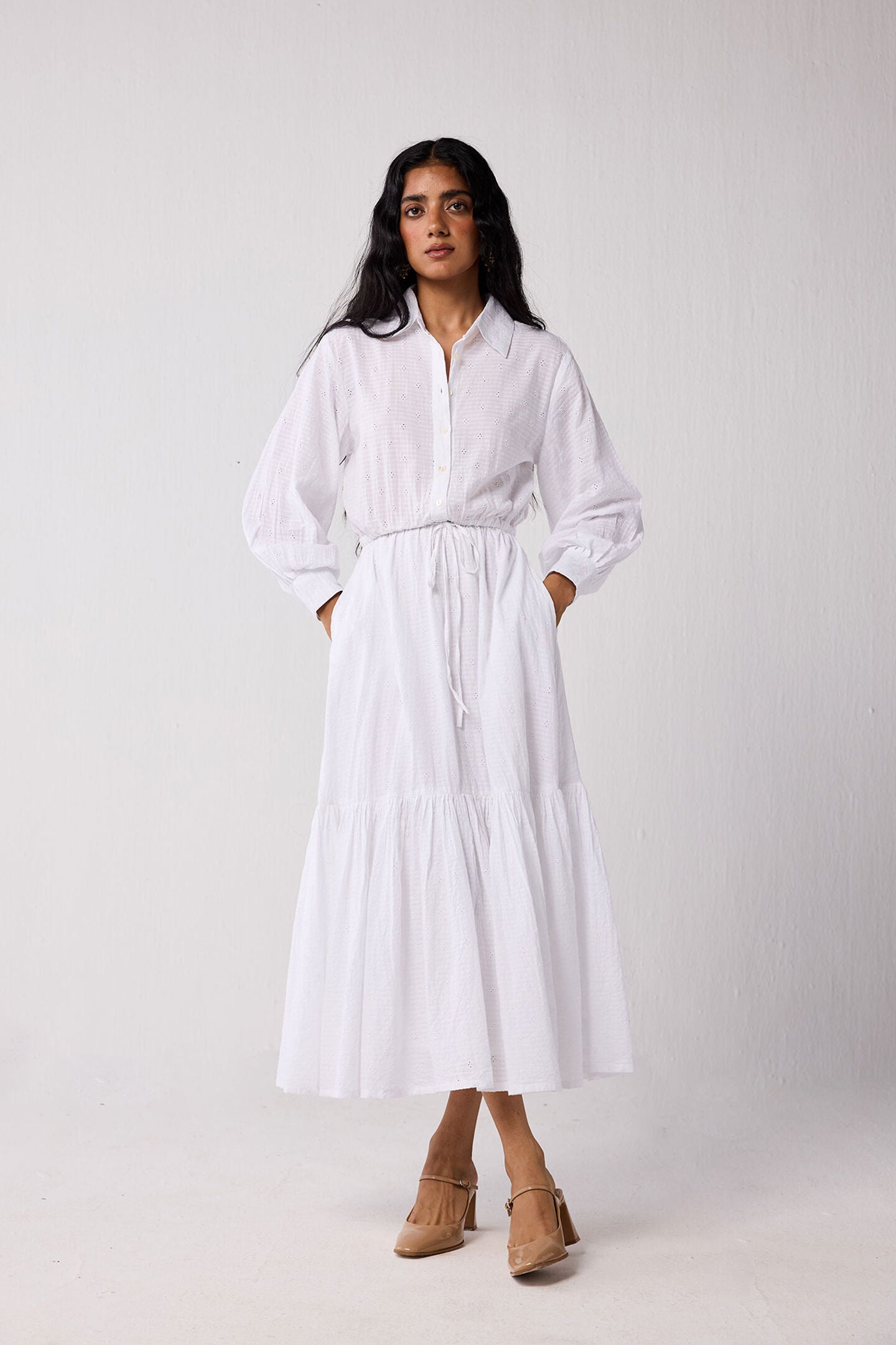 Embroidered Flowy Maxi Tiered Dress in White, Textured Eyelet in White / White, hi-res image number 0