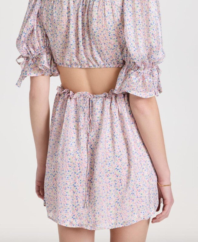 PHOEBE FLORAL-PRINT CUTOUT SATIN CHIFFON MINI DRESS IN BLUE FLORAL, , alternate image number 3