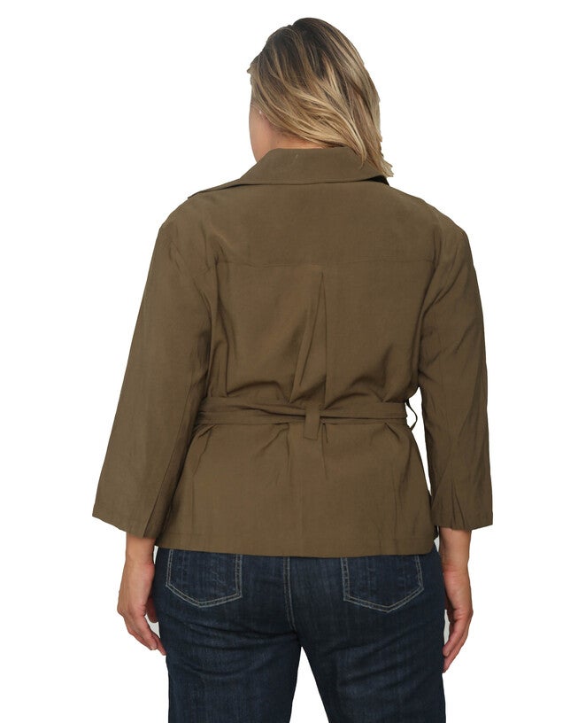 Plus Size Vanessa Cropped Quarter Sleeve Wrap Trench Jacket, Olive / Olive Green, alternate image number 1