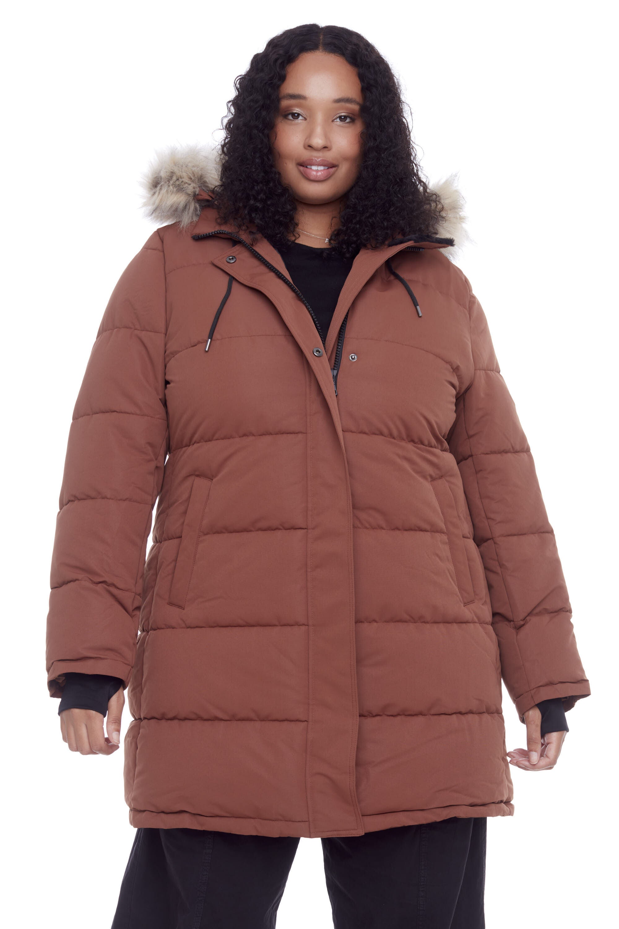 Women&#39;s Plus Size - AULAVIK | Vegan Down Recycled Mid-Length Hooded Parka Coat, Maple / Brown, alternate image number 1