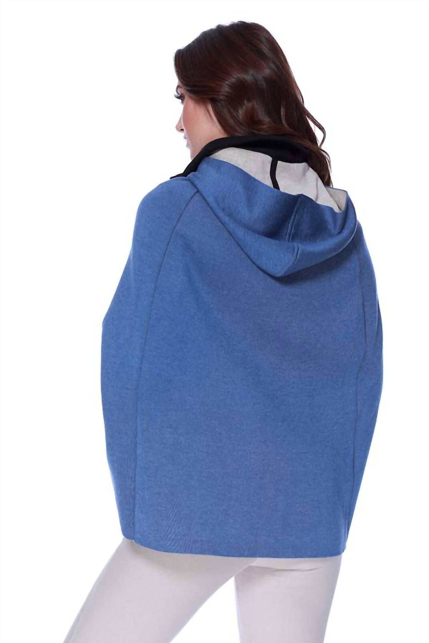 HIGH SLIT DETACHABLE HOODED PONCHO IN DENIM STONE, Denim Stone / Cornflower Blue, alternate image number 2