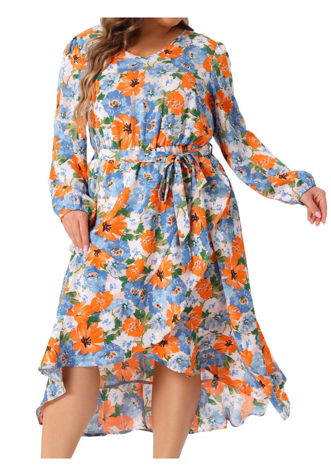 V Neck Long Sleeve Ruffle Chiffon Flowy Floral Maxi Dress with Belt, Beige / Beige, alternate image number 2