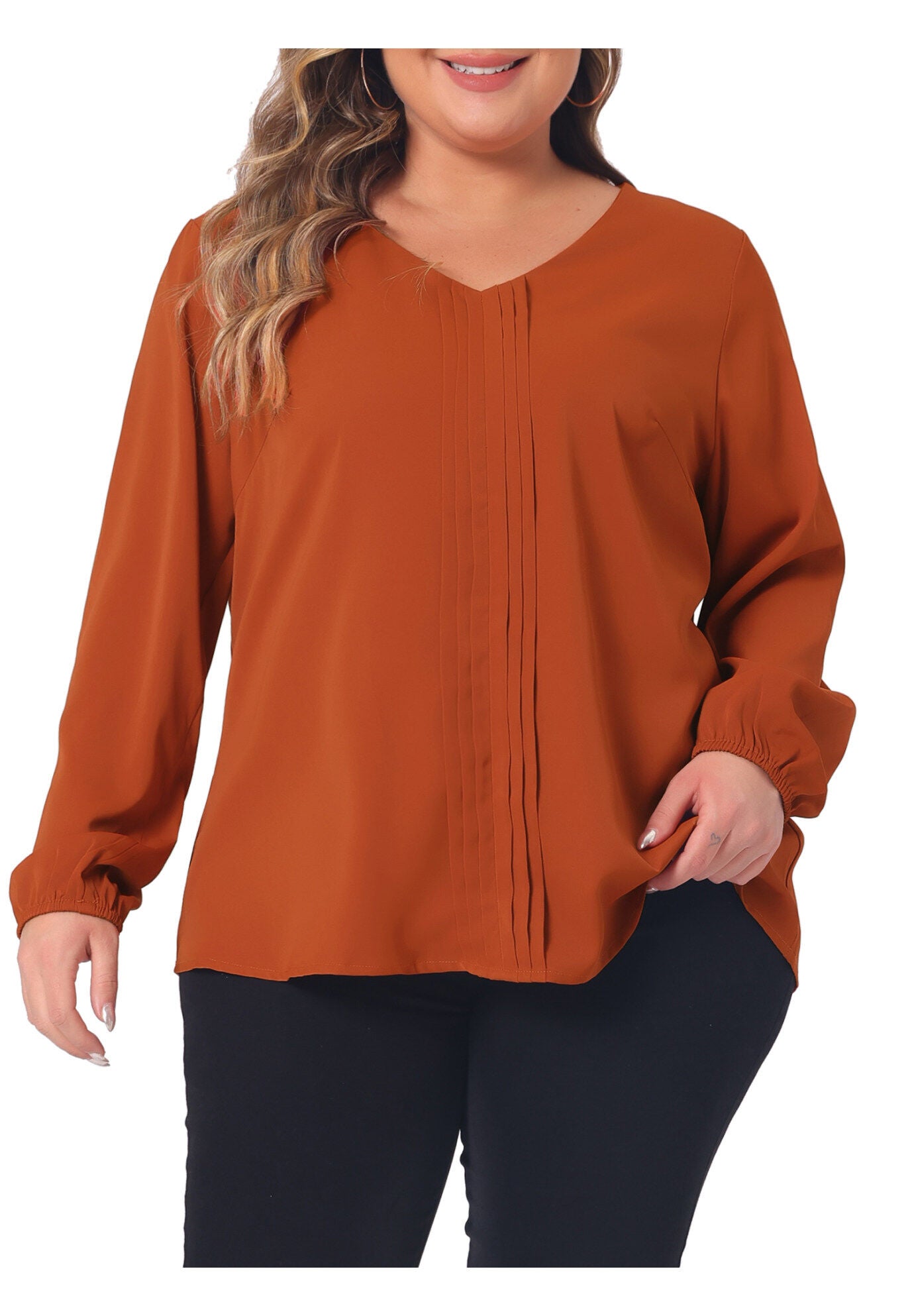 Long Sleeve Flowy Shirt Pleated V Neck Blouse, Caramel / Burnt Orange, alternate image number 4