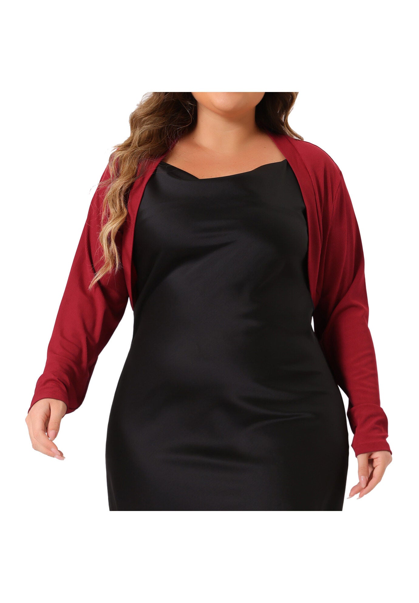 CROPPED LONG SLEEVE OPEN FRONT BOLERO SHRUG, Burgundy / Red, alternate image number 1