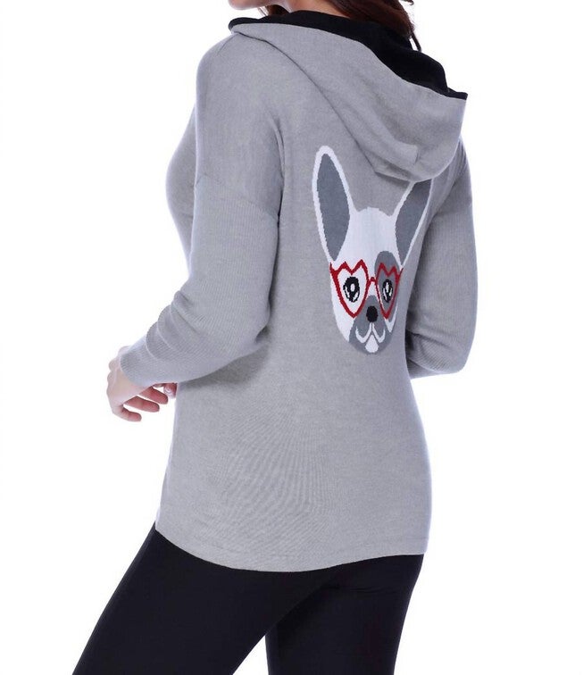 FRENCHIE LOVE HOODED CARIDGAN IN GRAY MULTI, Gray Multi / Light Grey, alternate image number null