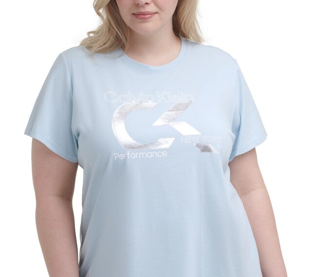 Calvin Klein Women's Performance Plus Foil Logo Pullover Top Aqua Size 1X, , alternate image number null