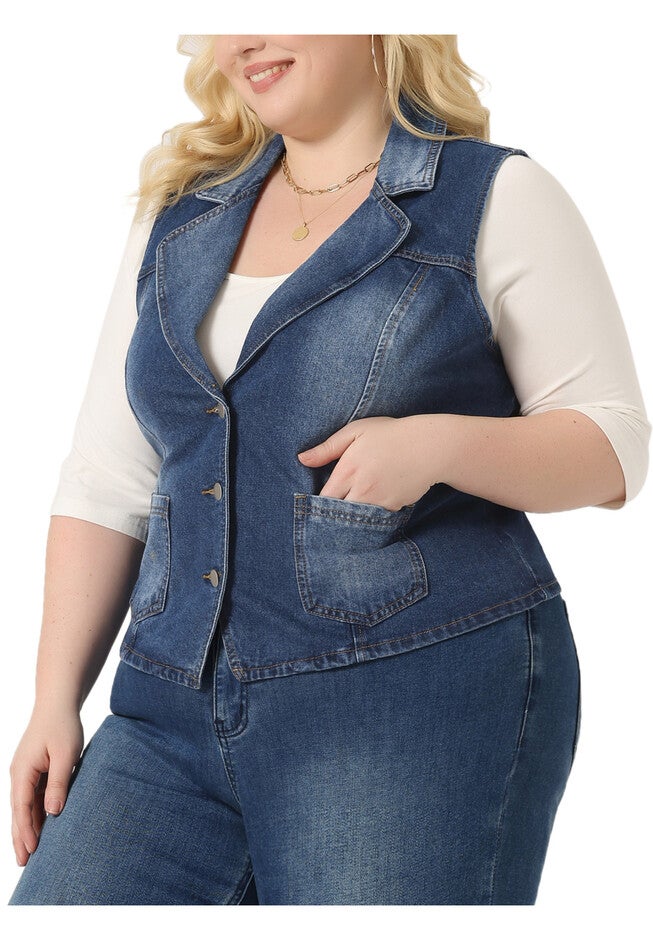 LAPEL BUTTON DOWN CLASSIC JEAN DENIM VEST, Dark Blue / Navy, alternate image number 1