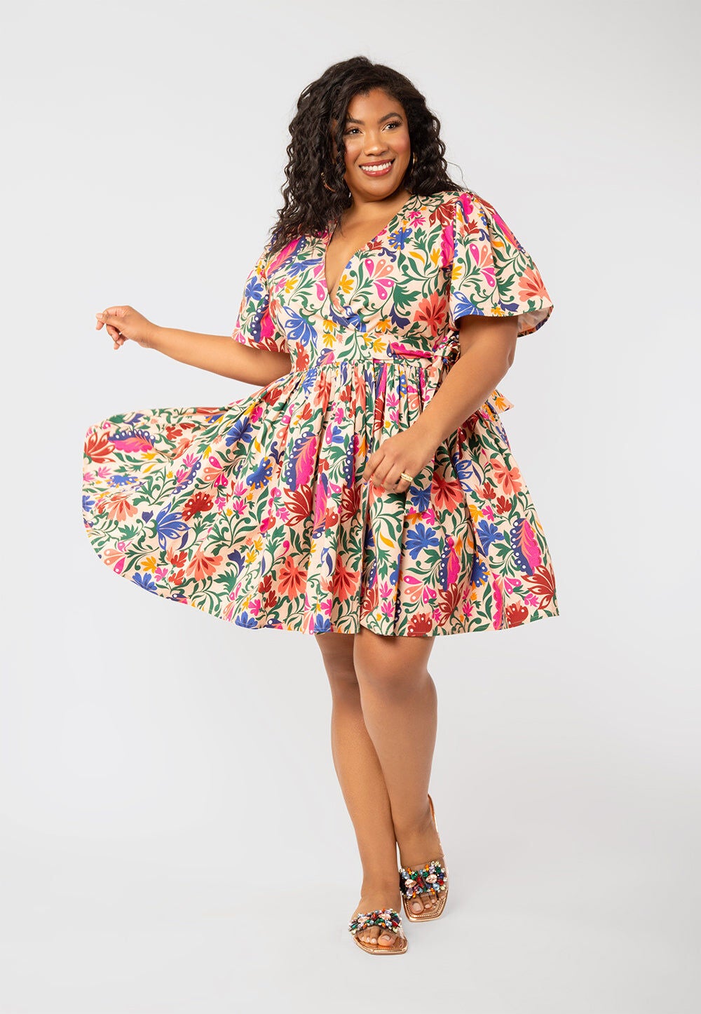 Alena Floral Puff Sleeve Poplin Wrap Dress, MULTI / Cream, alternate image number 3