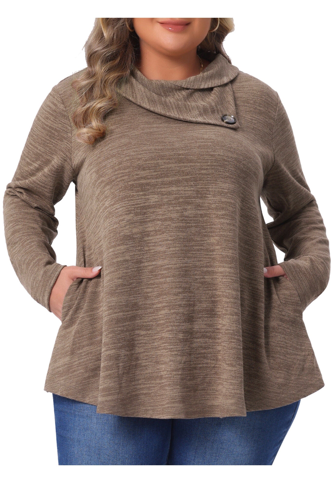 Cowl Neck Casual Loose Tunic Tops with Pockets, Brown / Brown, alternate image number 1