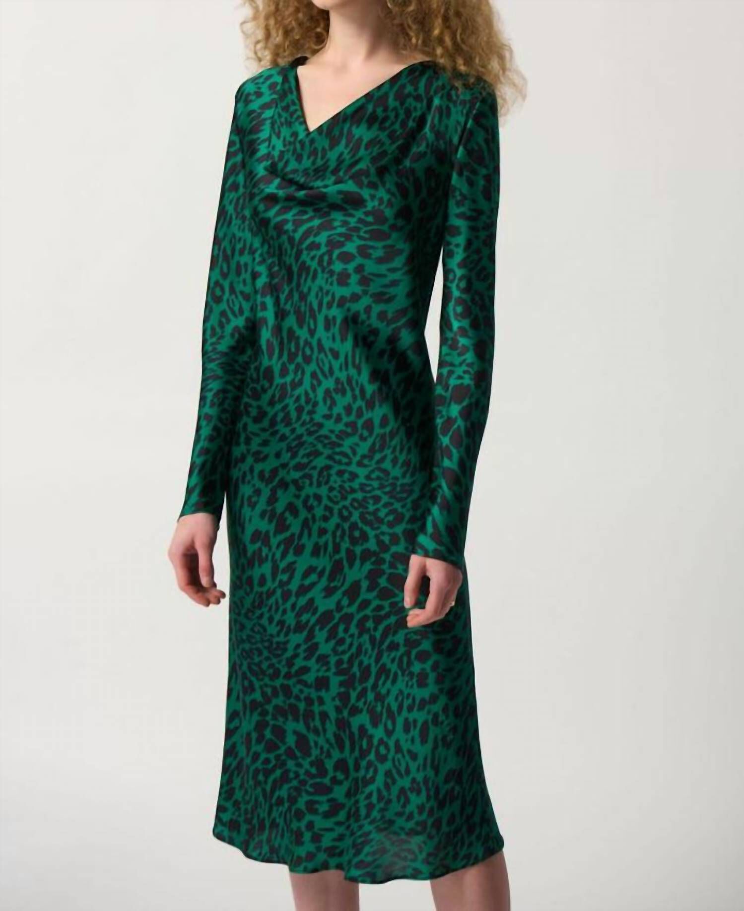 ANIMAL PRINT COWL NECK MIDI DRESS IN GREEN/BLK, GreenBlk / Light Green, alternate image number 2